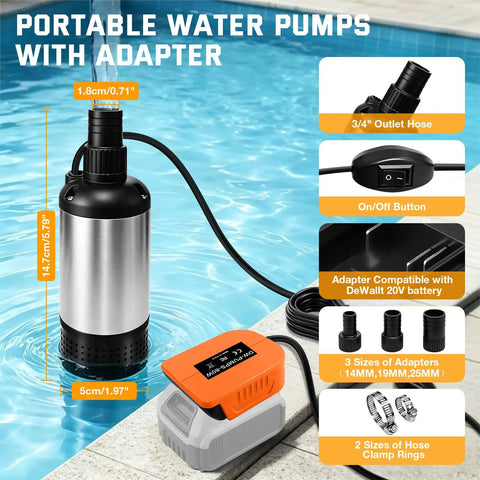 High Power Cordless Submersible Water Pump Kicking Out Standing Water Fast With 1000Gph Brushless Motor And 14 Foot Cable For Pool Draining And Sump Jobs Runs Smooth On Standard 20V Batteries For Heavy Yard Chores, shown in water with adapter and hose.