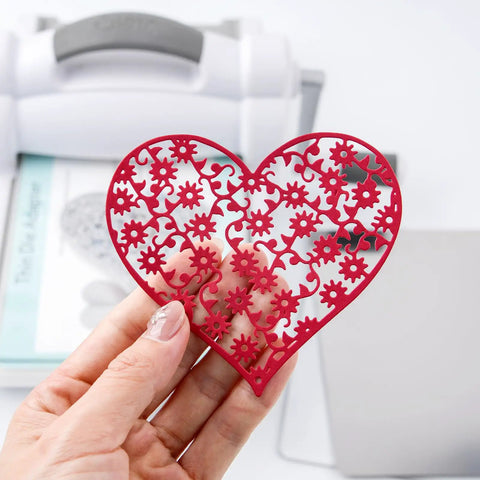 Heart-shaped die cut made with 3 Piece Die Cutting Pad And Shim Set For Standard Die Cutting Machines, Clear Polycarbonate Cutting Pads With Stainless Adapter Plate