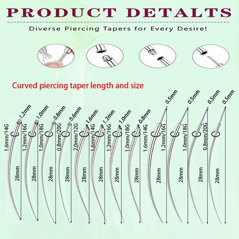 Curved piercing taper dimensions from Piercing Taper Ball Grabber Tool Kit For Quick Jewelry Swaps 14G 16G 18G 20G