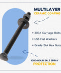 Half Inch Carriage Bolt Kit With 12 Bolts 12 Washers And 12 Nuts Ceramic Black Ruspert Coated showing bolt angle