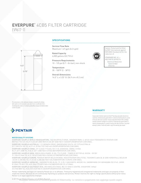 Diagram and specifications of 4CB5 Cartridge OEM Replacement for Commercial Water Filtration System 9617-16 High-Flow Performance
