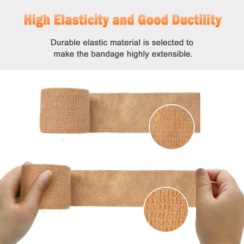 Self Adhering Bandage Wrap 12 Pack 2 Inch By 5 Yard Nonwoven Self Adhesive Bandage Tape close-up texture with hands holding.