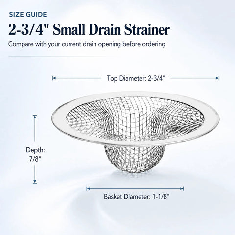 Top Shelf 50 Pack Stainless Steel Sink Strainers 2-3/4 Inch Mesh Drain Filter Basket size guide illustration