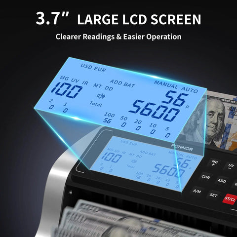 Fast Money Counter With Fake Bill Detection And Multispectral UV MG IR MT DD Sensors, large LCD showing counted value