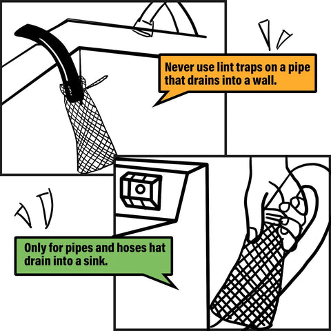 Illustration showing usage instructions for Must Have 24 Piece Washing Machine Lint Traps And Cable Ties Kit, displaying lint trap on pipe.