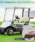 Yamaha G29 golf cart, white body, beige seats, suitable for Drive G29 models, outdoor setting, displays compatibility with G29.