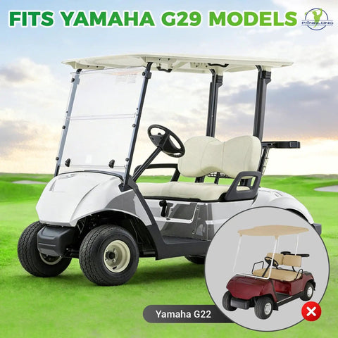 Yamaha G29 golf cart, white body, beige seats, suitable for Drive G29 models, outdoor setting, displays compatibility with G29.