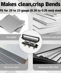 Image showing iron, stainless steel, aluminum, and aluminum alloy plates compatible with Three Station Edge Roller Bender For Sheet Metal, Adjustable From Zero To Ninety Degrees, Delivers Five Eighth Inch To Four Inch Bends In Twenty Nine To Twenty Two Gauge Steel, Heavy Duty Workhorse Sheet Metal Bender For Metal Roofing Projects.