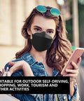 Woman wearing Black KN95 Face Masks Pack Of 100 Breathable Comfortable Disposable Respirators For Everyday Use Safe Fit Adult Size