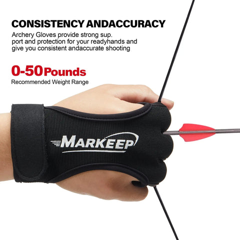 Archery Gloves 2 Pack Leather Three Finger Guard For Youth And Adults Left Or Right Hand Shooting Gear shown on hand with arrow
