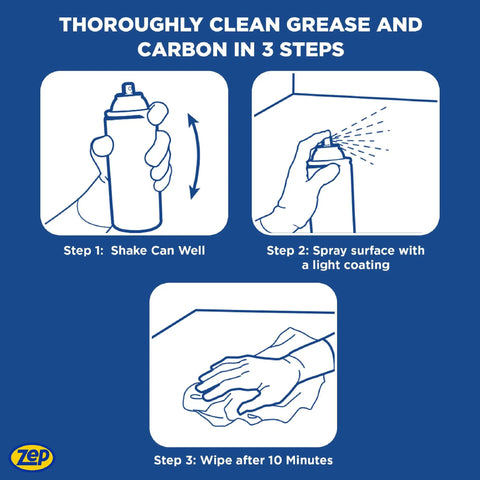 Instructions for using Grease Busting Heavy Duty Oven And Grill Cleaner 19 Oz Case Of 2, showing shaking can, spraying, wiping.