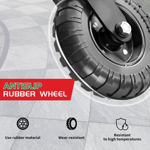 Heavy Duty 8 Inch Gate Wheel With 600 Lbs Capacity Spring Loaded 360 Degree Swivel All Terrain Gate Support For Metal Tube And Wooden Gates Includes U Bolts And Tools All Black, close-up of the wheel showcasing its rubber material.