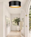 Two Light Frosted Glass Flush Mount Ceiling Light In Black With Gold Inner Accent Sleek Modern Vibe Metal Fixture