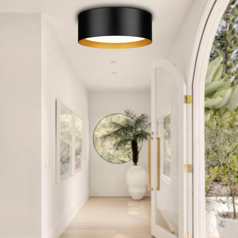 Two Light Frosted Glass Flush Mount Ceiling Light In Black With Gold Inner Accent Sleek Modern Vibe Metal Fixture