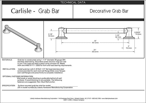 Technical drawing of Sturdy 24 Inch Wall Mounted Shower Grab Bar ADA Compliant Satin Nickel Finish Built Tough Zinc Die Cast.