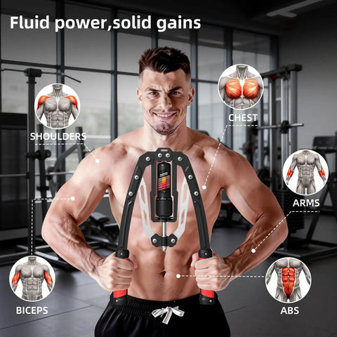 Get Pumped With This Premium Hydraulic Chest Expander Machine For Home Gym, a man demonstrating arm training.