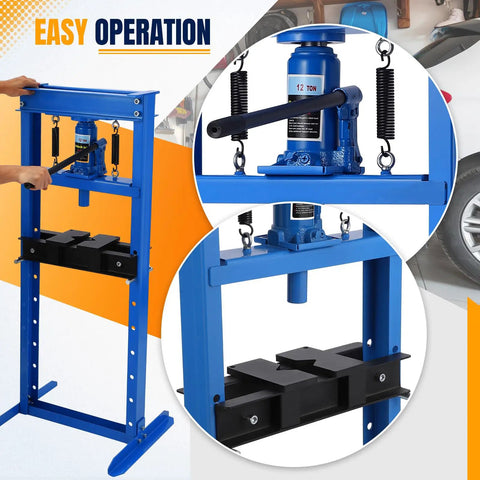 12 Ton H Frame Hydraulic Shop Press for Garage and Workshop, Heavy Duty Steel Frame, shown in blue with press plates.