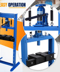 Professional Grade Heavy Duty Garage Workhorse 12 Ton H Frame Hydraulic Shop Press With Adjustable Work Table and Dual Press Plates, showing operation setup.