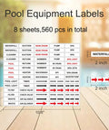 Heavy Duty Pool Equipment Labels And Valve Stickers For Spa Plumbing 560 Piece Kit on sheets displaying directional arrows.