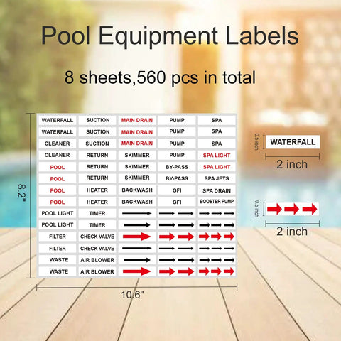 Heavy Duty Pool Equipment Labels And Valve Stickers For Spa Plumbing 560 Piece Kit on sheets displaying directional arrows.