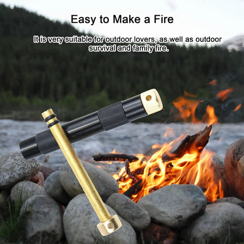 Compact Air Compression Fire Starter With Durable Metal Body for Camping shown in front of a campfire outdoors