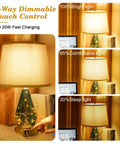 Blue Green Glass Table Lamp Set Of 2 with 3-way dimmable touch control and USB chargers showing light intensity options