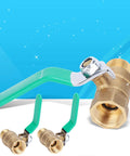 Top Shelf One Half Inch Premium Brass Ball Valve For Hot And Cold Water Piping Systems Built Damn Tough For Indoor Natural Gas And No Fuss DIY Home Upgrades Corrosion Resistant Quick Shut Off Design with green handle and two smaller valves.