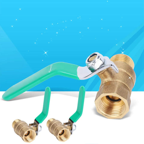 Top Shelf One Half Inch Premium Brass Ball Valve For Hot And Cold Water Piping Systems Built Damn Tough For Indoor Natural Gas And No Fuss DIY Home Upgrades Corrosion Resistant Quick Shut Off Design with green handle and two smaller valves.