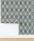 Premium Navy Trellis Wallpaper With Snazzy Linen Weave Hella Durable Polyester Surface Sweet For Kitchens Bathrooms And Commercial Lobbies Straight Paste To Paper Setup Reliable Type Two Finish laid against a wall.
