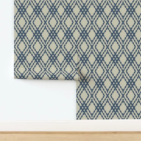 Premium Navy Trellis Wallpaper With Snazzy Linen Weave Hella Durable Polyester Surface Sweet For Kitchens Bathrooms And Commercial Lobbies Straight Paste To Paper Setup Reliable Type Two Finish laid against a wall.