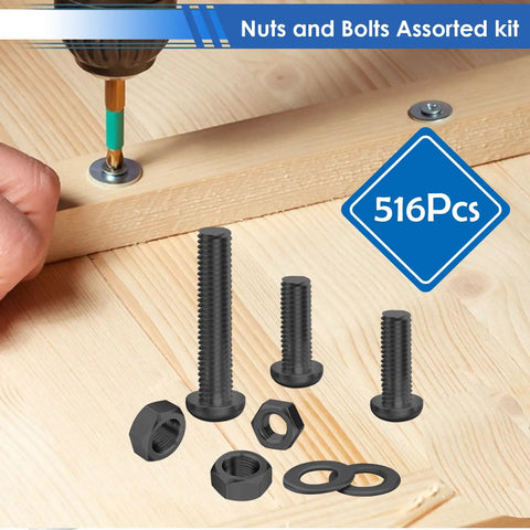 516-Piece Black Nuts And Bolts Kit With 21 Sizes M3 To M6 Screws Nuts And Flat Washers, Carbon Steel for DIY repair