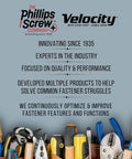 Image of tools with text about the Phillips Screw Company and Velocity, highlighting industry expertise and innovation.