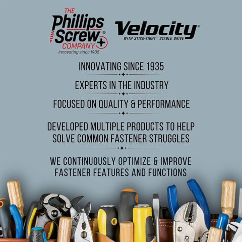 Image of tools with text about the Phillips Screw Company and Velocity, highlighting industry expertise and innovation.