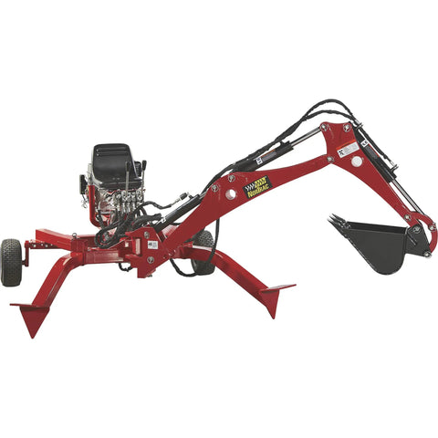 Towable Backhoe Trencher With 15 HP Gas Engine 80 Inch Digging Depth 14 Inch Wide 3 Tooth Bucket displayed in red color