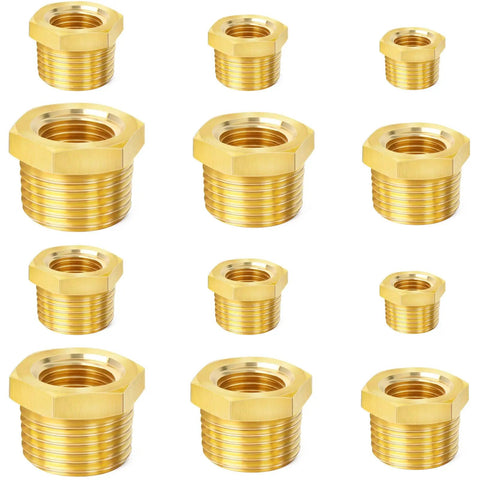 Brass Pipe Fitting Hex Bushing Set 12-Pack NPT Thread Adapters Easy Fit 1/4 X 1/8, 3/8 X 1/8, plumbing fittings display