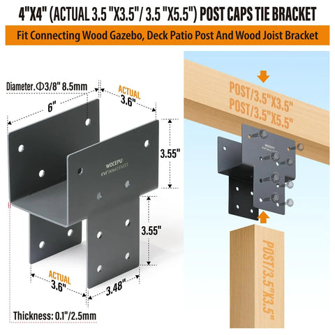 4 Pack Heavy Duty Stainless Steel Post Caps Tie Bracket Fits 4x4 Actual 3.5x3.5 Wood Posts for Connecting Gazebos Decks and Beams