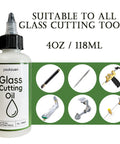 Glass Cutting Oil With Precision Applicator Top 4 Ounces For Smooth Cutter Performance On Window Glass Stained Glass Mirrors Bottles Tiles And More Prolongs Cutter Life And Keeps Blades Self Sharpening, bottle with six cutting tools illustrations.