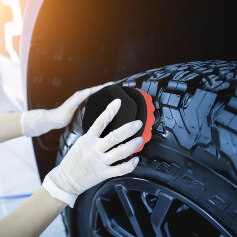 Applying tire shine with Two Pack Large Tire Shine Applicator Pads With Hex Grip For Even Coats after car wash
