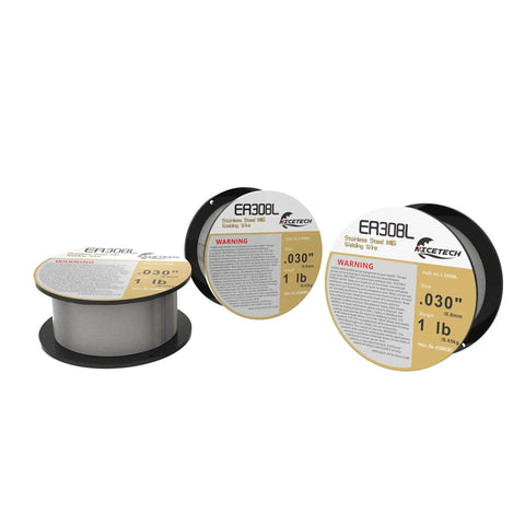 ER308L Stainless Steel MIG Welding Wire .030 Inch Diameter, 1 Pound Spool, All Position Welds, Stable Arc displayed on spools