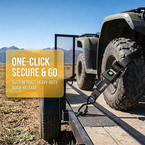 Badass Slick Retractable Ratchet Tie Down Straps For Pickup And Atv Heavy Duty 2 Inch By 15 Foot Auto Self Retracting cargo strap secured on ATV wheel.