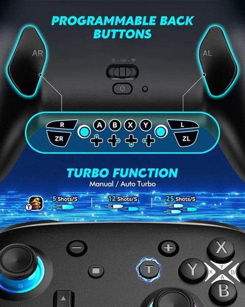 Enhanced Wireless Bluetooth Switch Controller features programmable back buttons and turbo modes for Nintendo Switch 2.