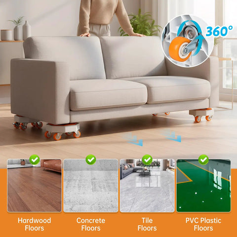 Heavy Duty Furniture Dollies With 360 Degree Rotating Rubber Wheels under a sofa, suitable for hardwood, concrete, tile, and PVC floors.