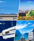 Kick Back And Power Your Whole Spot With This Solid Plug And Play Off Grid Solar Kit Featuring Six 350 Watt Panels Four 100 Ah Lifepo4 Batteries 3000 Watt Inverter 100 Amp Mppt Controller, images of solar setups on rooftops, camping sites, yachts, and RVs.
