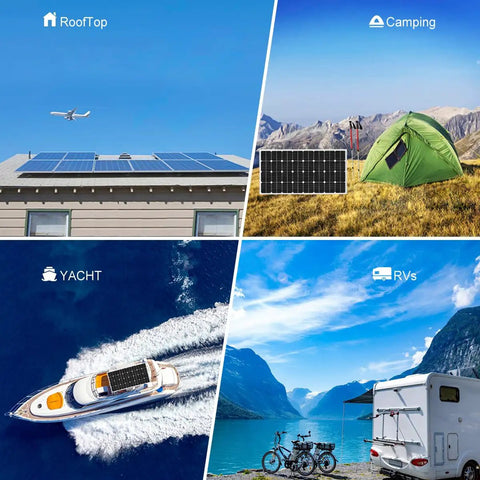 Kick Back And Power Your Whole Spot With This Solid Plug And Play Off Grid Solar Kit Featuring Six 350 Watt Panels Four 100 Ah Lifepo4 Batteries 3000 Watt Inverter 100 Amp Mppt Controller, images of solar setups on rooftops, camping sites, yachts, and RVs.