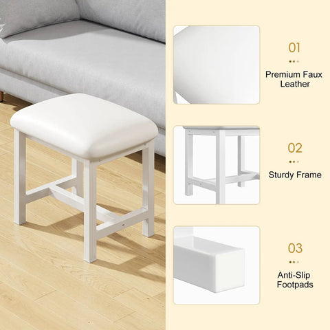 White Vanity Stool With Leather Cushioned Seat Small Vanity Chair shown with a sturdy metal base and anti-slip footpads.