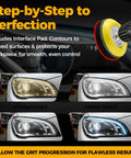 136 Piece Wet And Dry Sanding Disc And Polishing Kit showing headlight restoration process from raw to mirror finish stages.