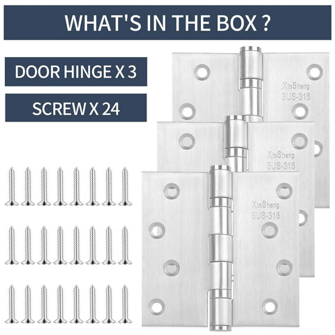 XinSheng 3-pack 4x4 inch SUS-316 stainless steel ball-bearing door hinges with 24 screws