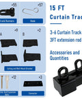 15Ft Retractable Curtain Track Kit With Hooks, Ceiling And Wall Mount, Heavy Duty Telescoping Main Rail For Room Divider, Wardrobe, RV, Hospital, Living Room And Bathroom, Black, shown with track runners and brackets