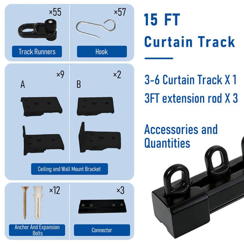 15Ft Retractable Curtain Track Kit With Hooks, Ceiling And Wall Mount, Heavy Duty Telescoping Main Rail For Room Divider, Wardrobe, RV, Hospital, Living Room And Bathroom, Black, shown with track runners and brackets