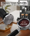 51mm Calibrated Espresso Tamper With Spring Loaded Mechanism, Weighted Hand Tamper for Home Baristas next to espresso machine